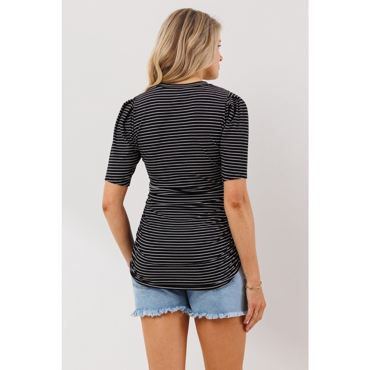 Striped Puff Sleeve Rib Maternity Top