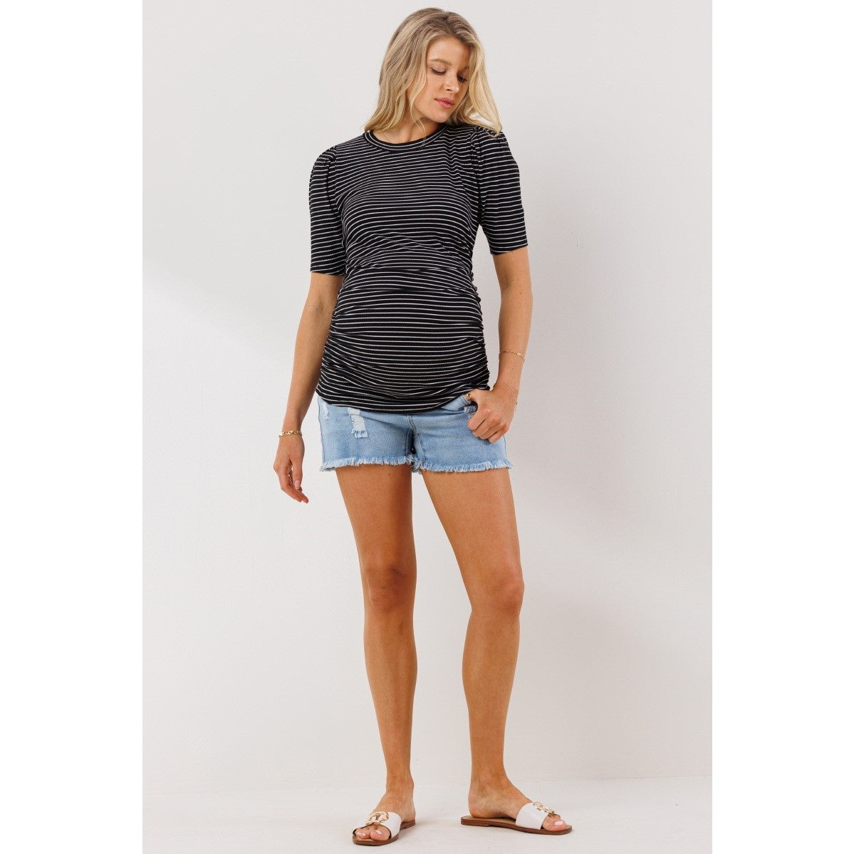 Striped Puff Sleeve Rib Maternity Top
