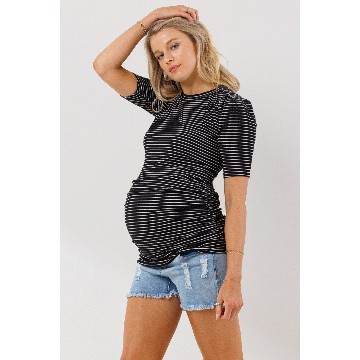 Striped Puff Sleeve Rib Maternity Top