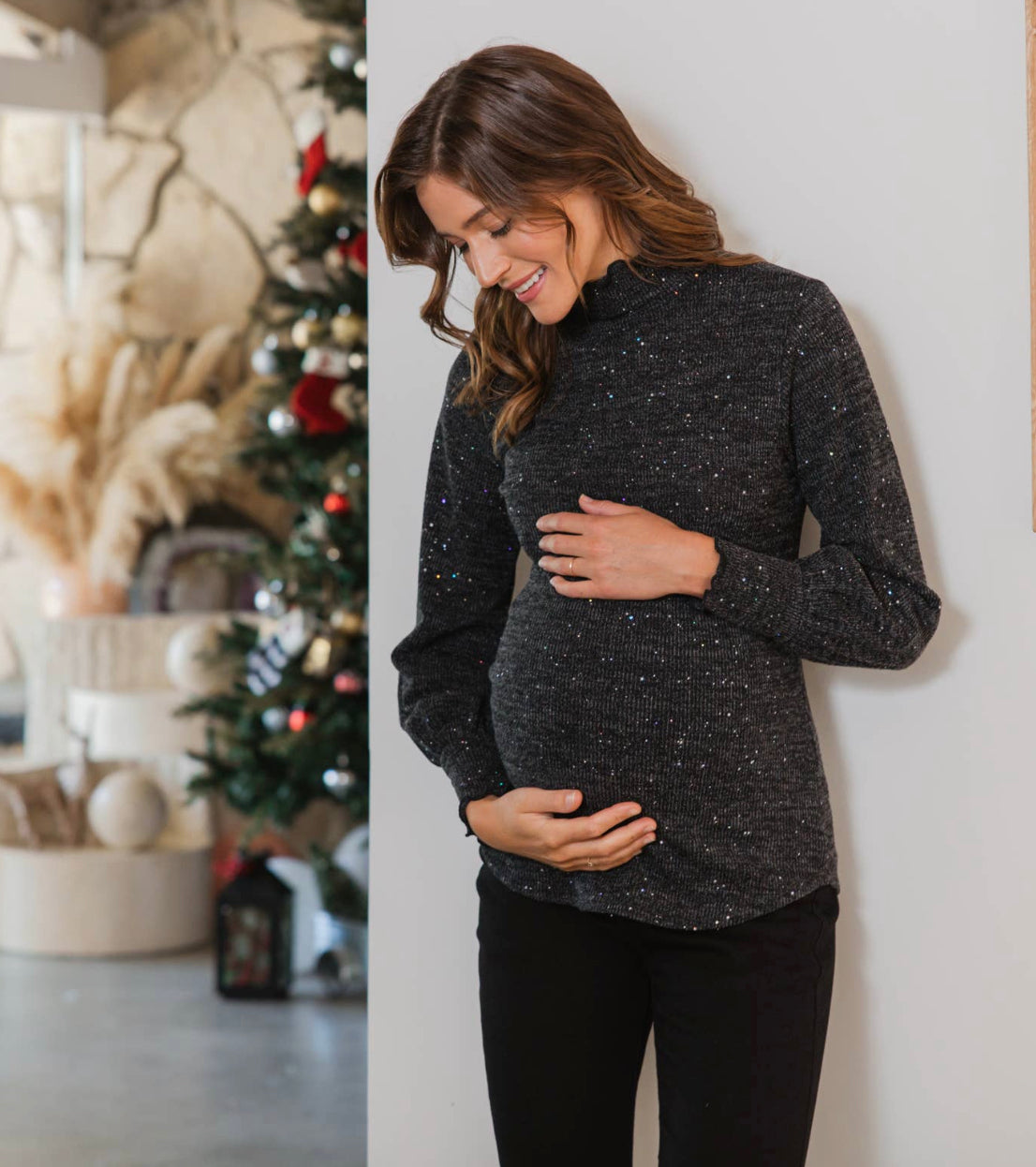 Turtle neck Long-Sleeved Sequin Maternity Top