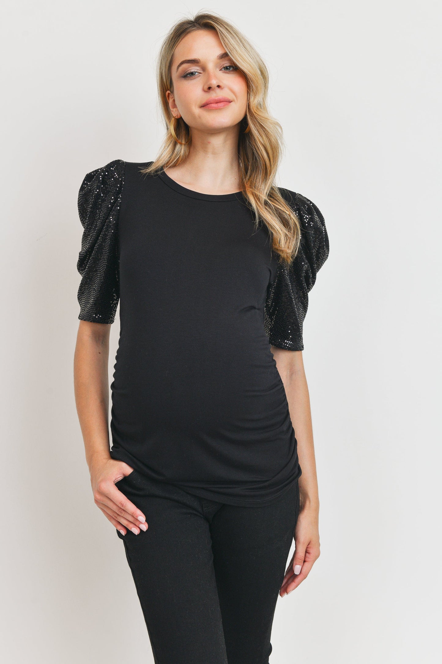 Black Metallic-Sleeve Top By Hello Miz