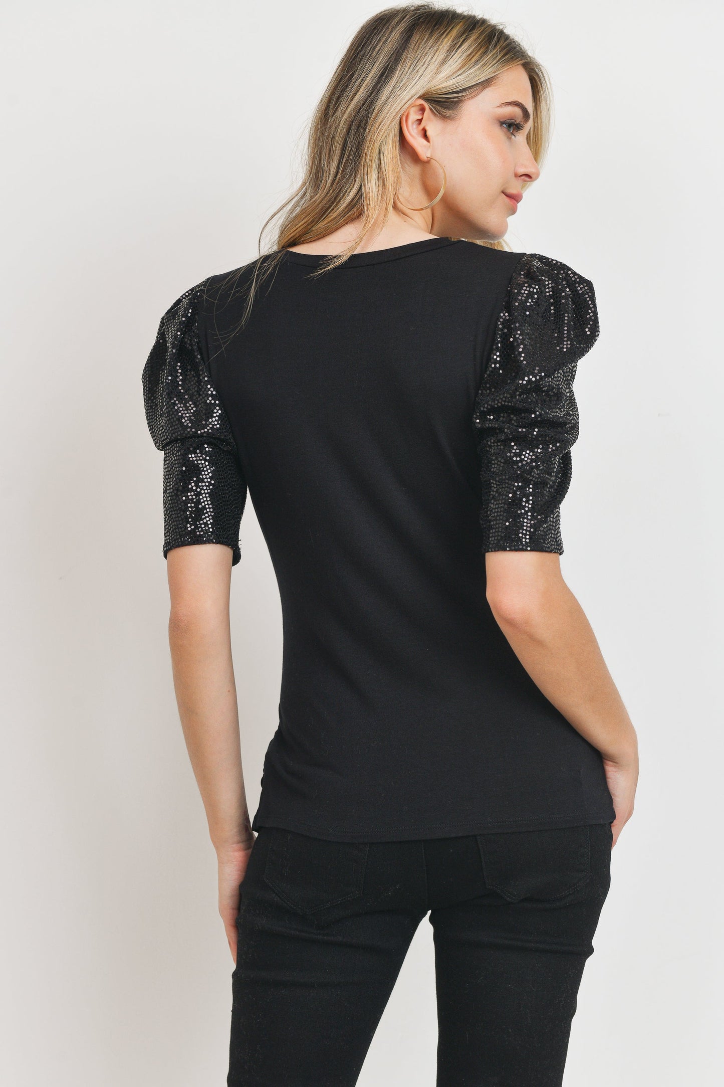 Black Metallic-Sleeve Top By Hello Miz