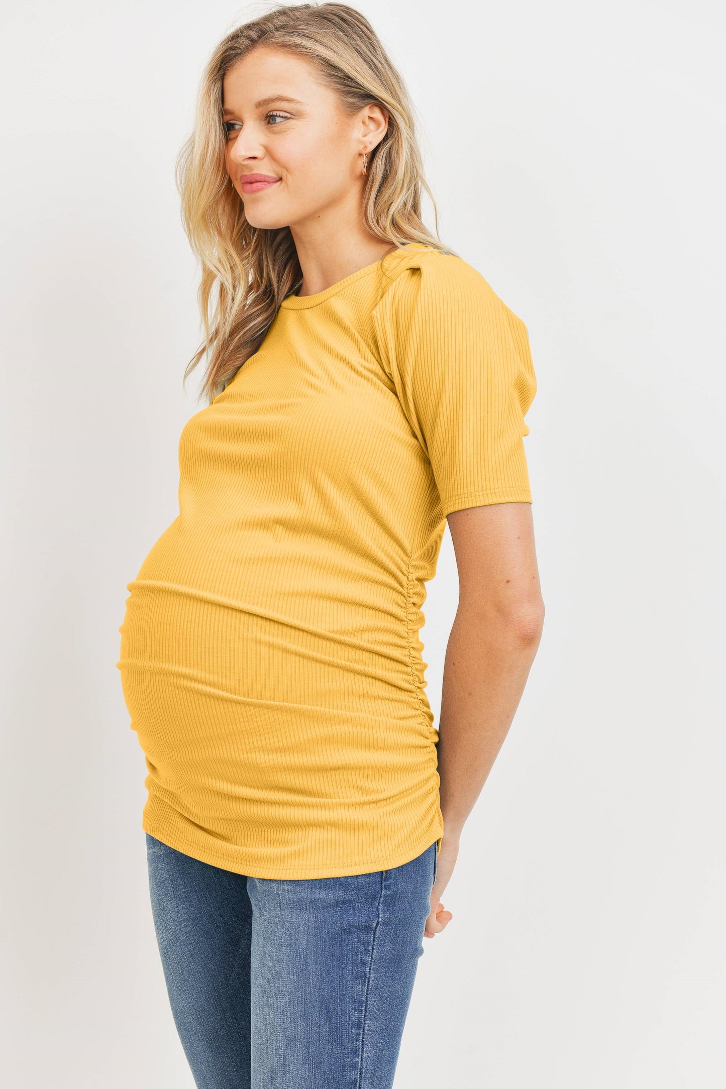 Puff Sleeve Ribbed Maternity Top - Mustard