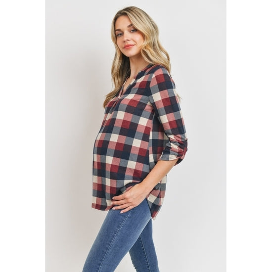 Plaid V-Neck Blouse By Hello Miz