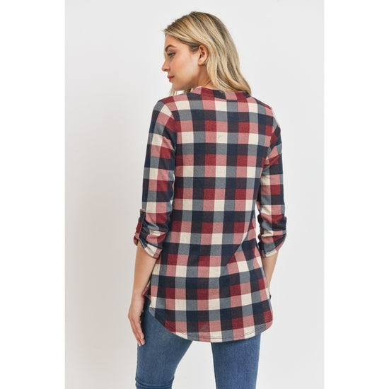 Plaid V-Neck Blouse By Hello Miz