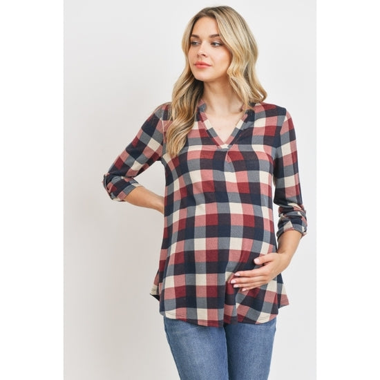 Plaid V-Neck Blouse By Hello Miz