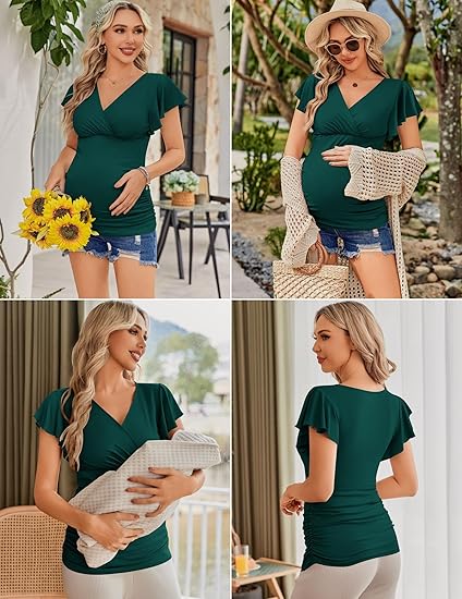 Nursing Tops V Neck Breastfeeding Shirts Side Ruched