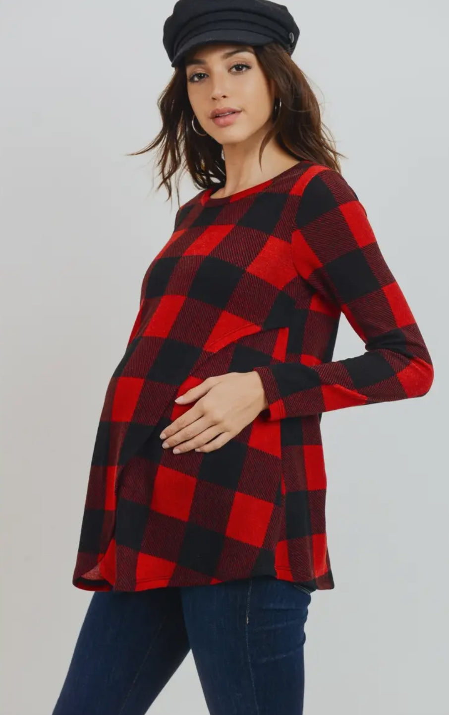 Buffalo Plaid Maternity Nursing Sweater Tunic Top