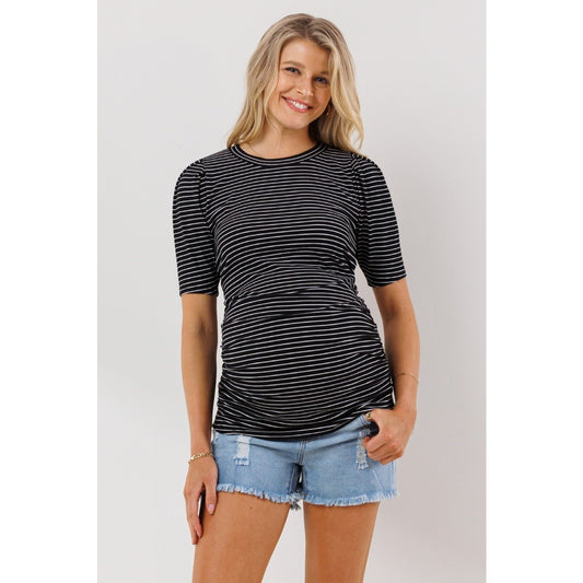 Striped Puff Sleeve Rib Maternity Top