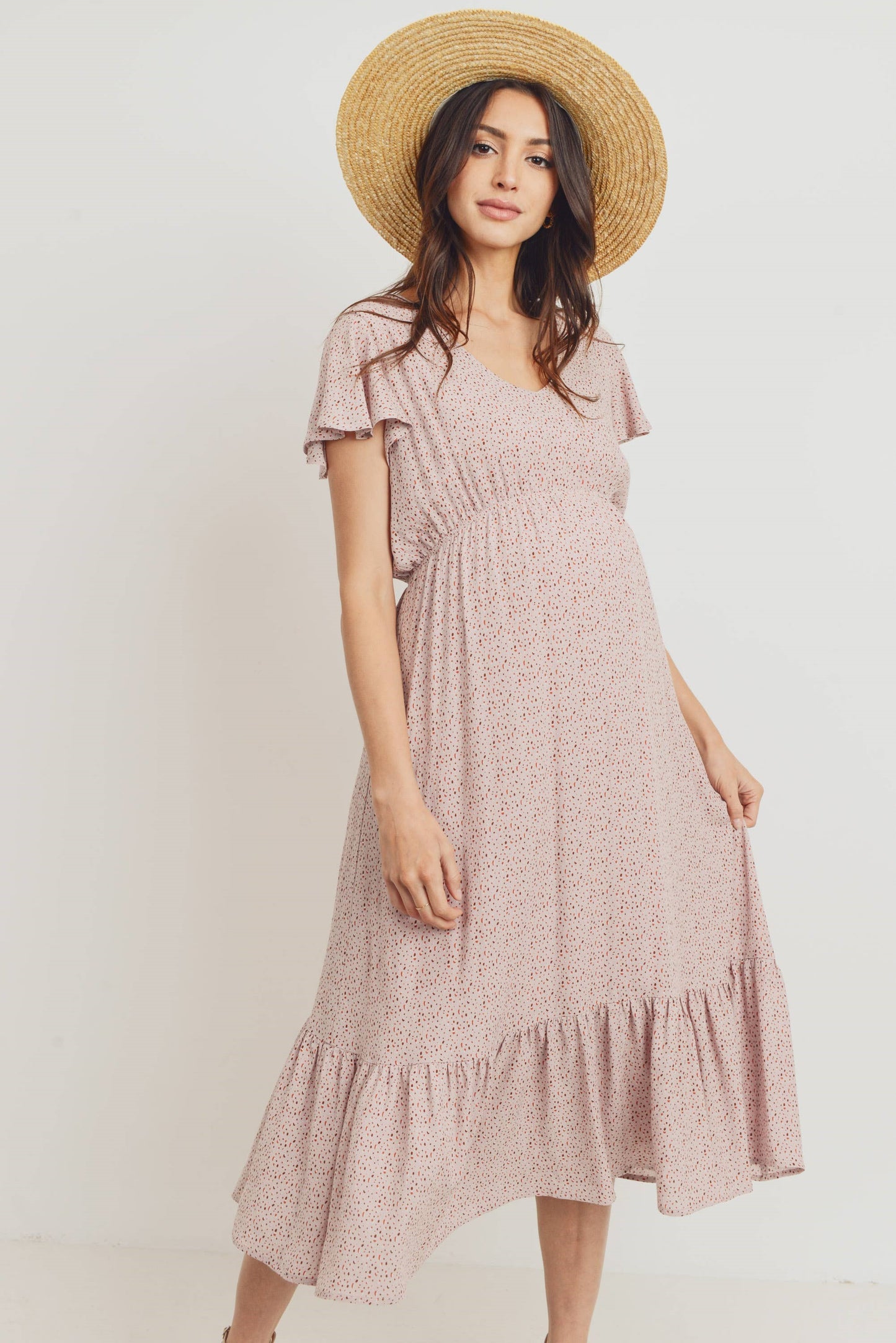 Rayon Gauze V-Neck Maternity Ruffle Dress