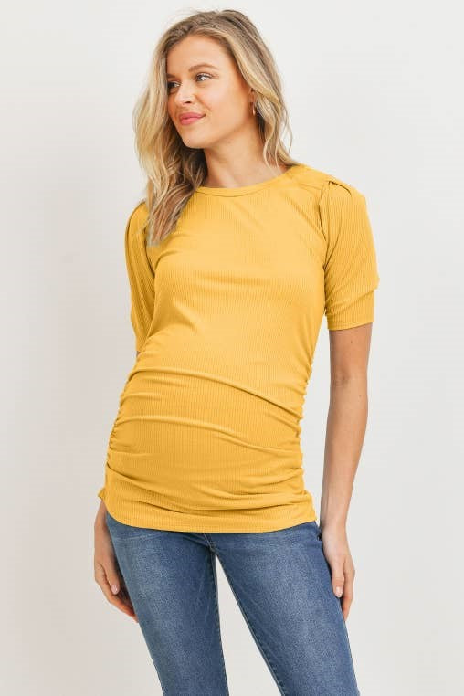 Puff Sleeve Ribbed Maternity Top - Mustard